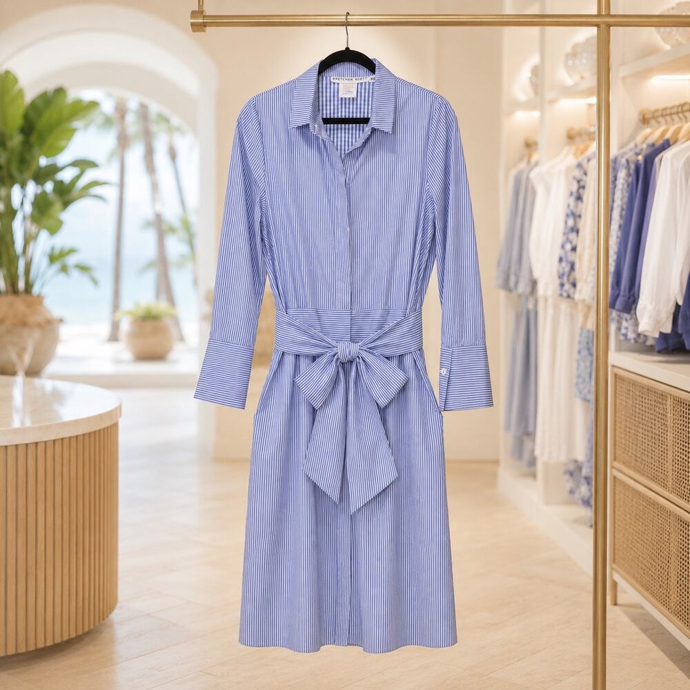 Gretchen Scott Breezy Blouson Dress Sz M Navy White Stripe Belted Shirt Pockets